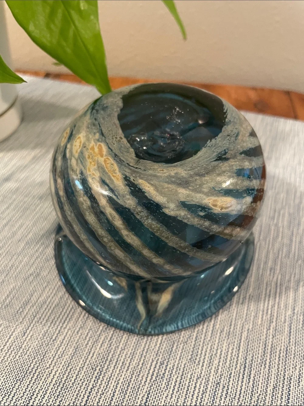 Vintage Mdina-Style Art Glass Vase | Blue & Sand Chevron Swirl | Malta-Inspired